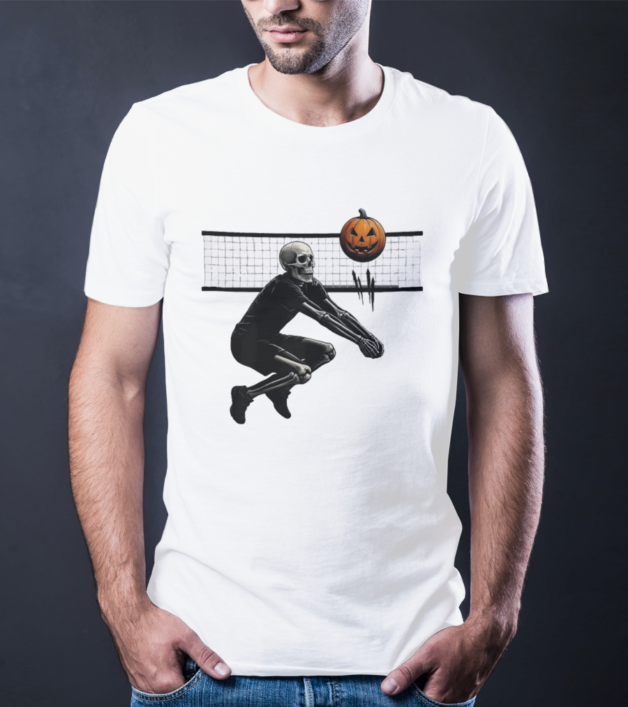 Bump Or Treat Halloween Volleyball Skeleton Pumpkin Spike T-Shirt