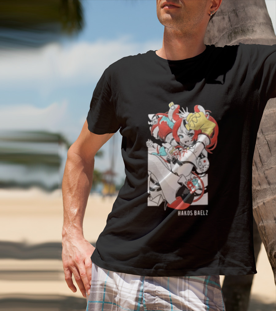 Hololive Hakos Baelz Anime Girl Red Hair Dice Playful Jumping T-Shirt