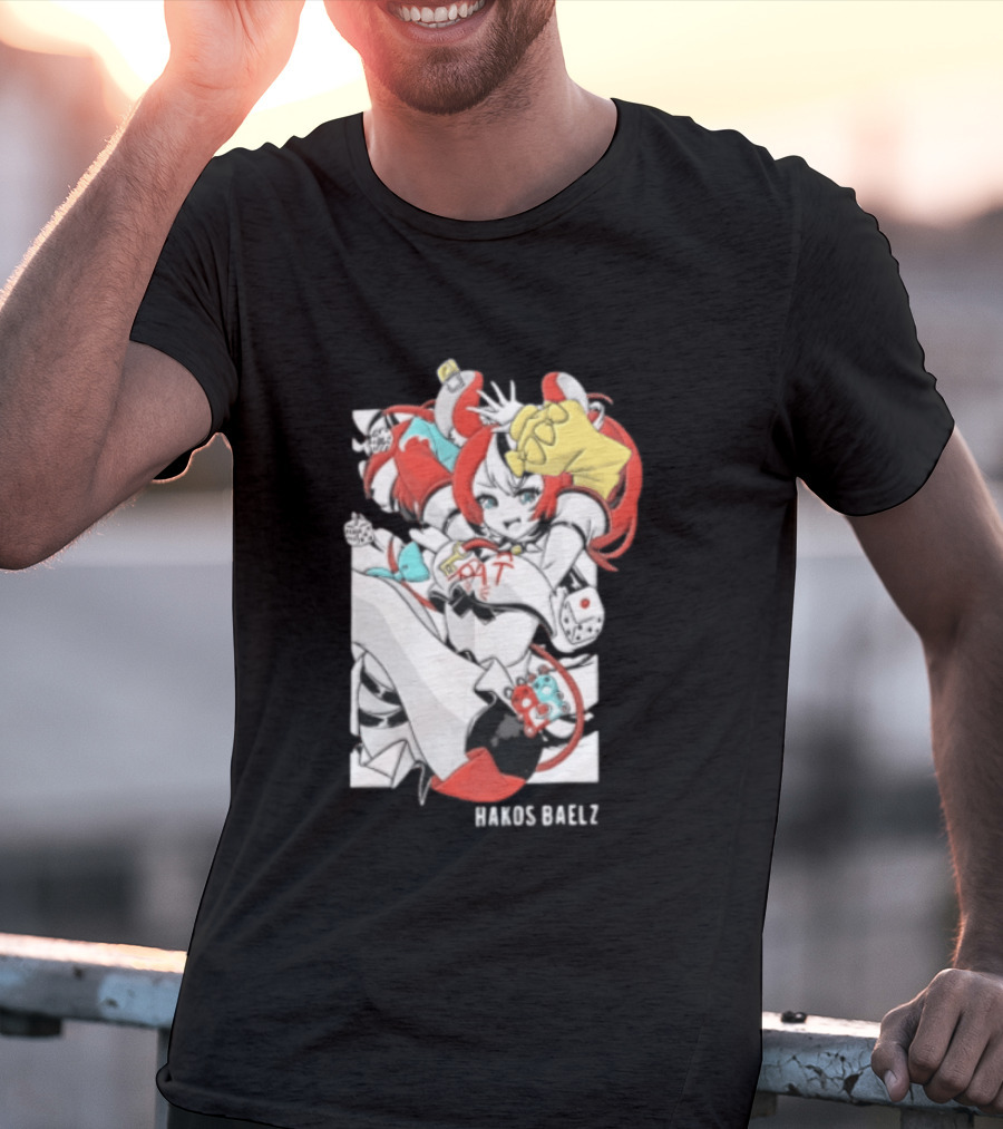 Hololive Hakos Baelz Anime Girl Red Hair Dice Playful Jumping T-Shirt
