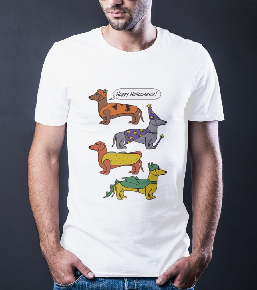 Happy Halloweenie Dachshund Dogs Costumes Pumpkin Wizard Hot Dog Dragon T-Shirt
