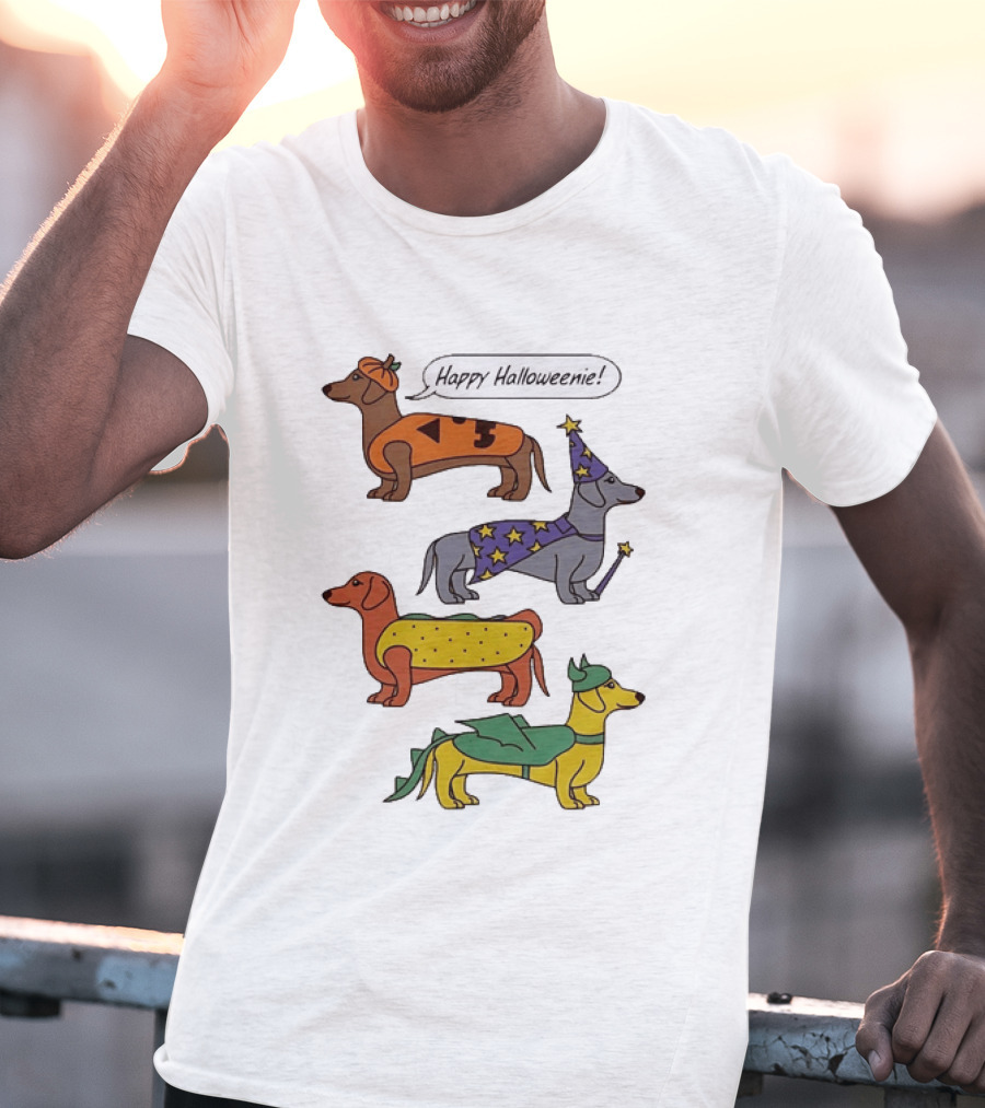 Happy Halloweenie Dachshund Dogs Costumes Pumpkin Wizard Hot Dog Dragon T-Shirt