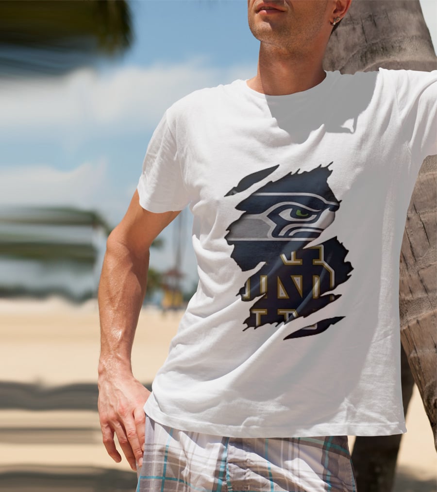 Seattle Seahawks Notre Dame Fighting Irish Ripped Effect NCAA Logos T-Shirt