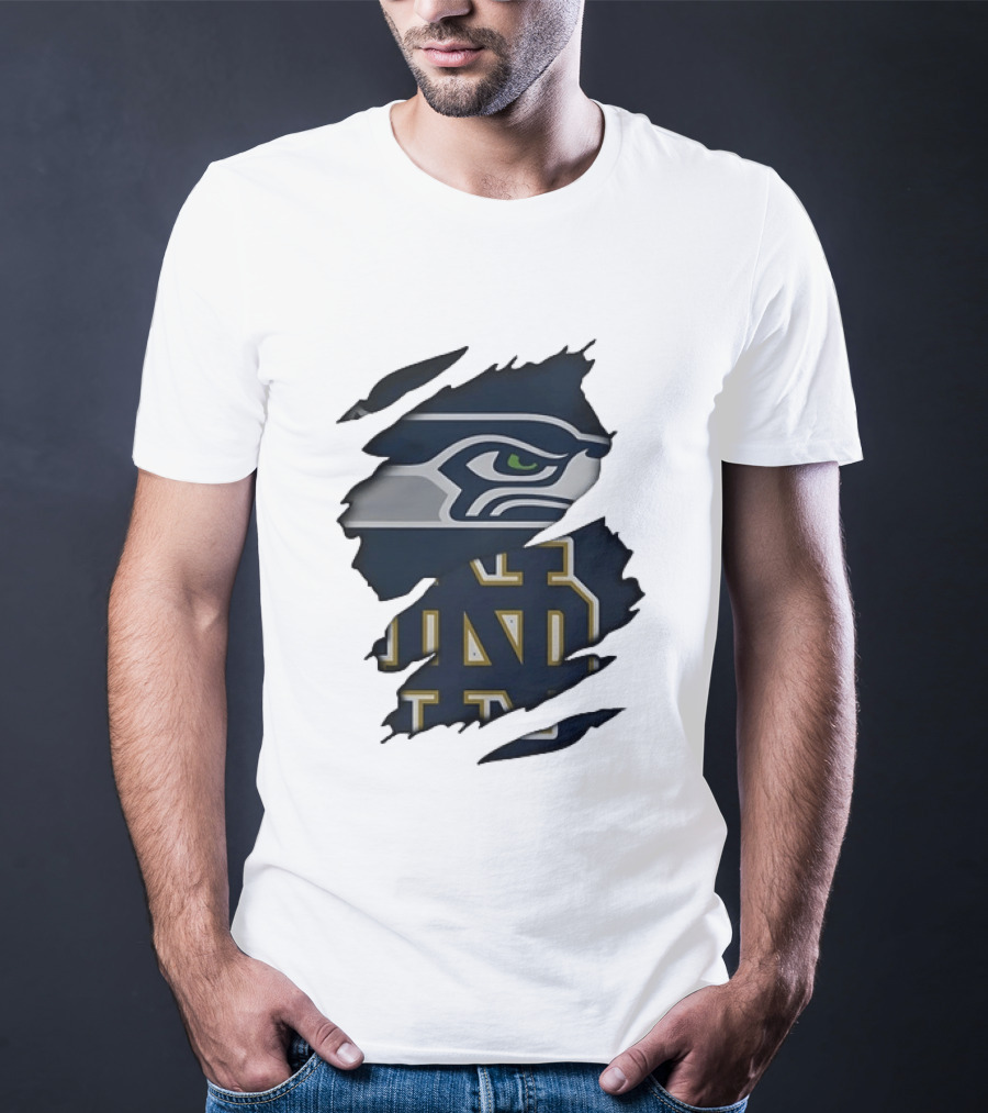 Seattle Seahawks Notre Dame Fighting Irish Ripped Effect NCAA Logos T-Shirt