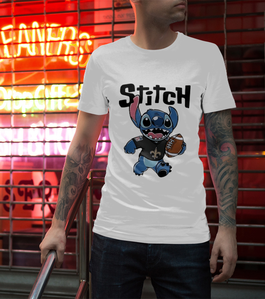 Stitch Carrying Football New Orleans Saints Disney T-Shirt