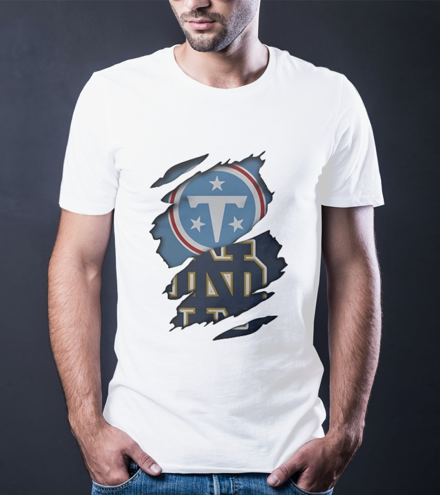 Tennessee Titans Notre Dame Fighting Irish Ripped NCAA Football Collaboration T-Shirt