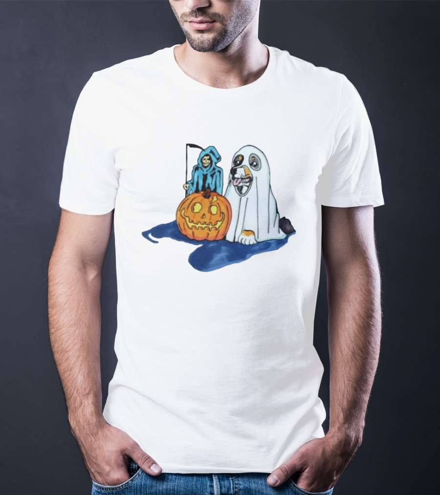 Trick Or Treat Dog Ghost Costume With Grim Reaper And Pumpkin T-Shirt