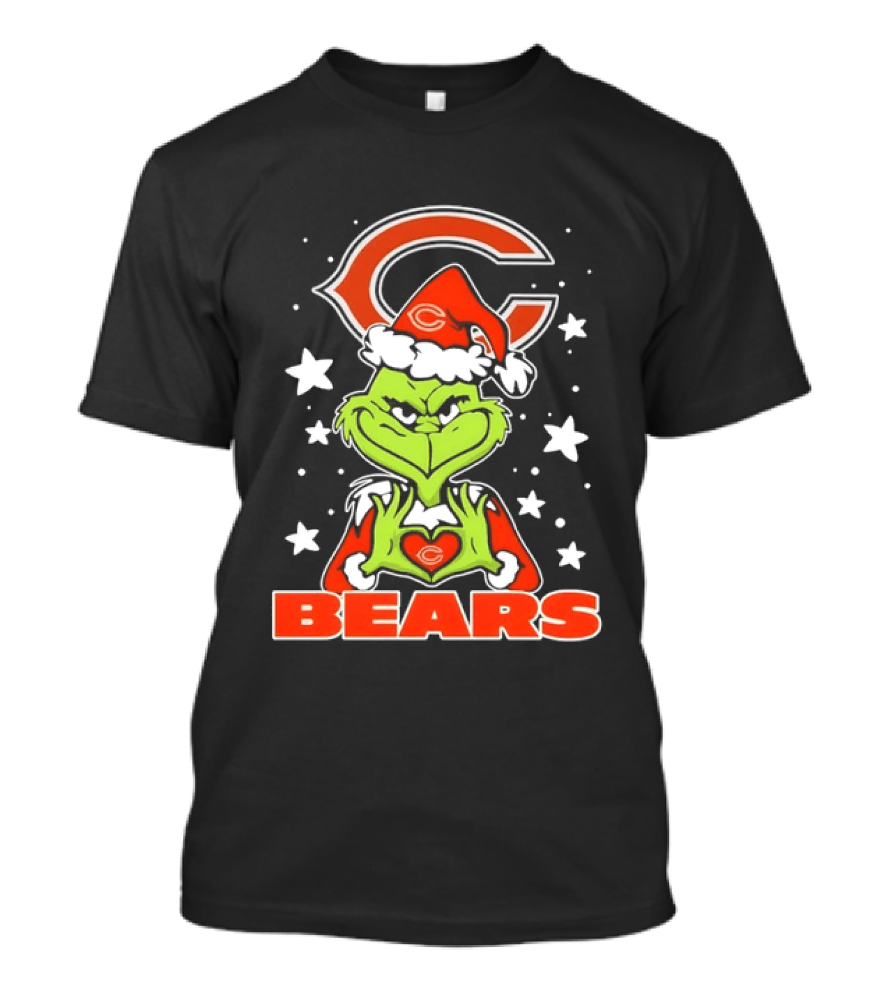 The Grinch Santa Hat Chicago Bears Christmas Holiday Heart Stars T-Shirt