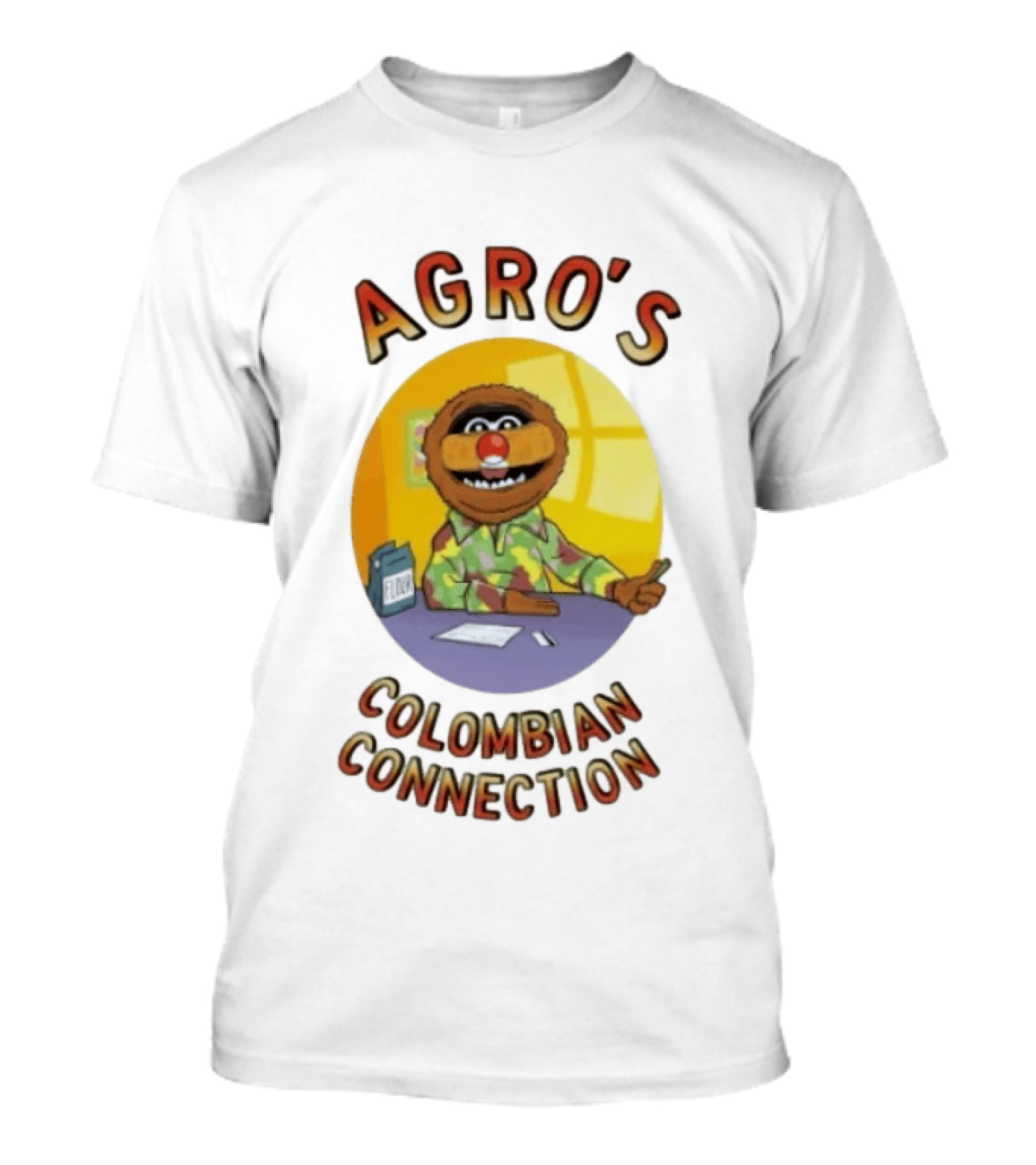Agro's Colombian Connection Funny Character With Desk And Papers T-Shirt