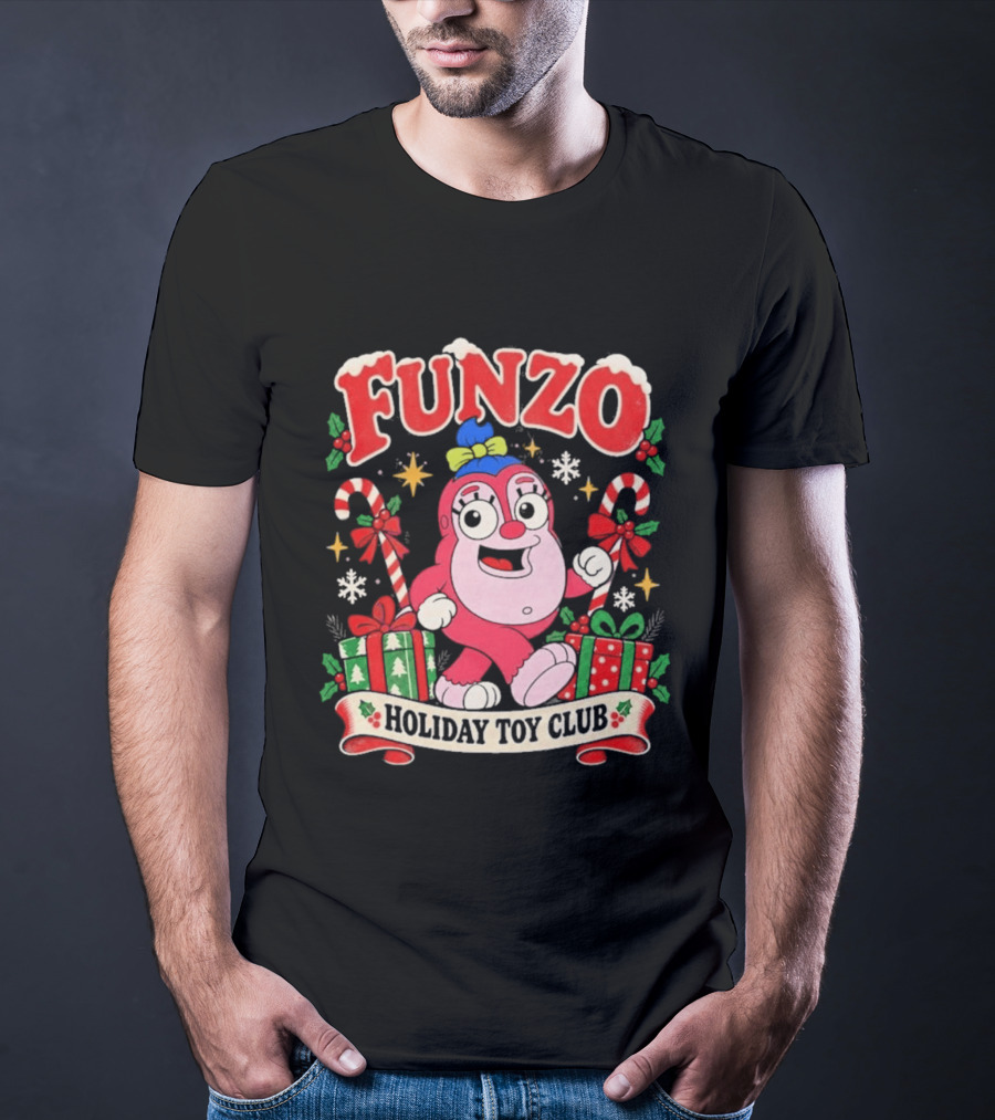 Funzo Christmas Holiday Toy Club Candy Cane And Presents T-Shirt
