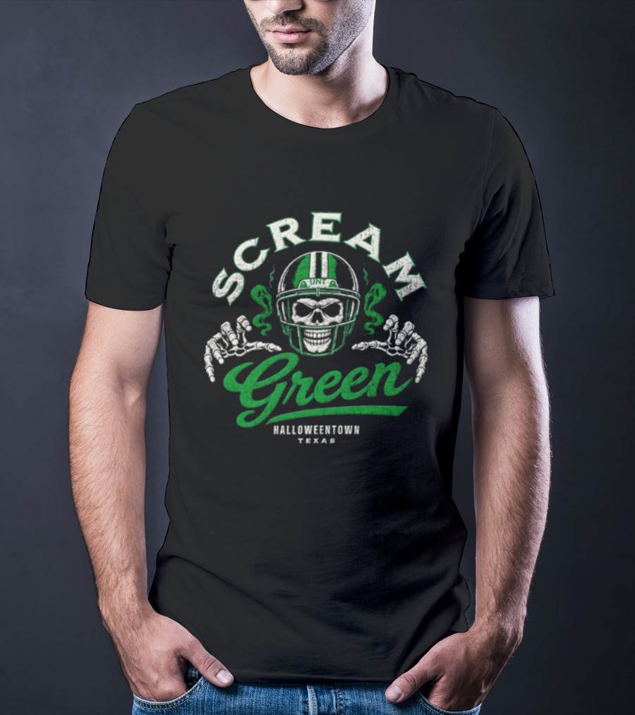 UNT Scream Green Halloweentown Texas Skull Football Helmet T-Shirt