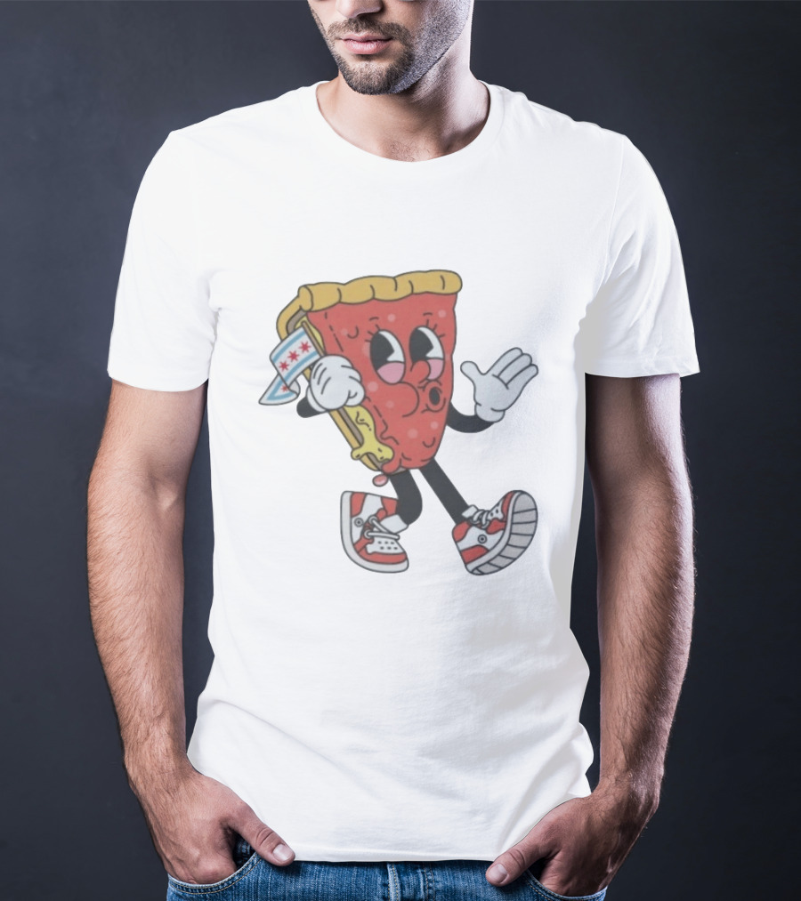 Chicago Meet The Foodies Lucy Lou Pizza Slice Walking Pizza With Chicago Flag And Sneakers T-Shirt