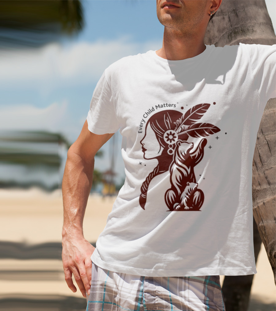 Every Child Matters Indigenous Woman Profile With Bear And Feathers T-Shirt