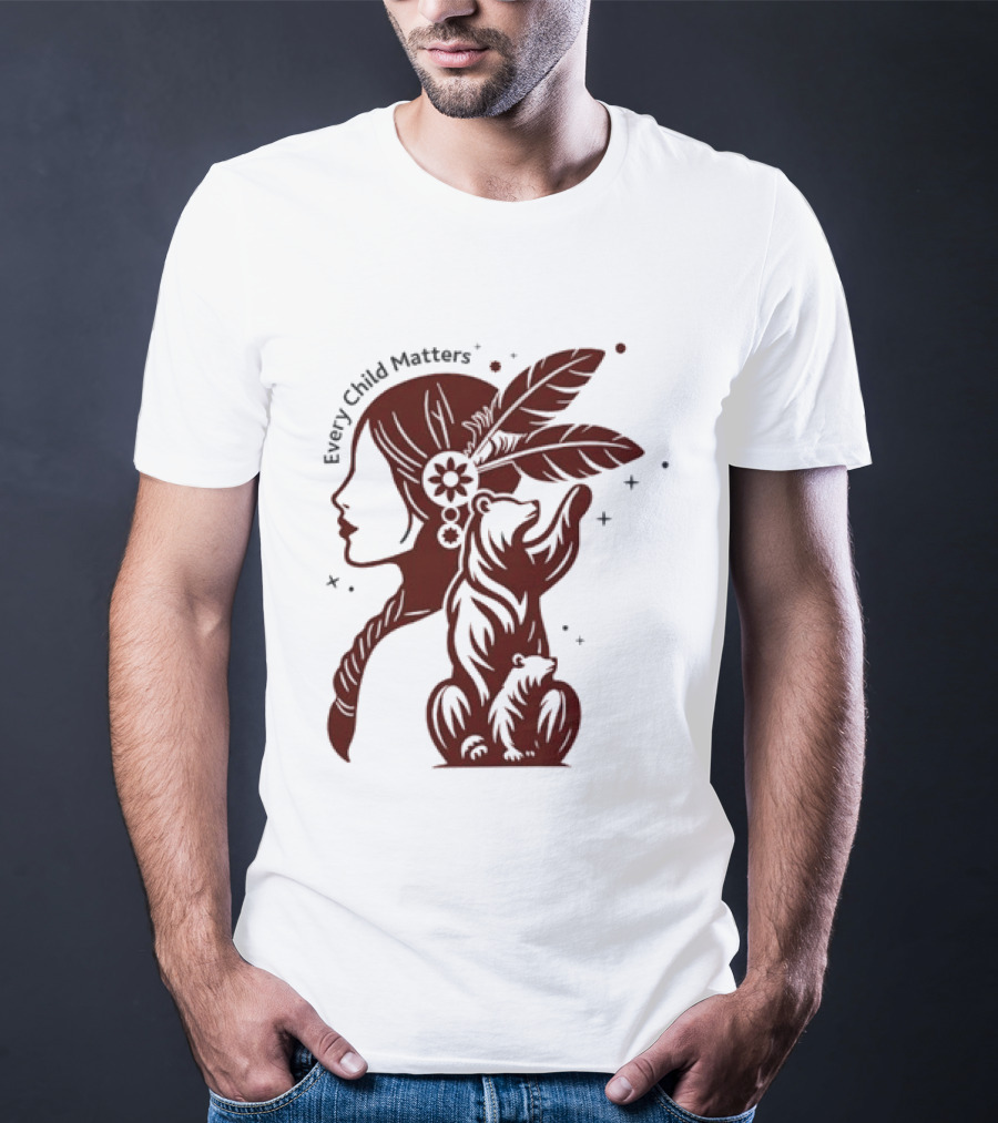 Every Child Matters Indigenous Woman Profile With Bear And Feathers T-Shirt