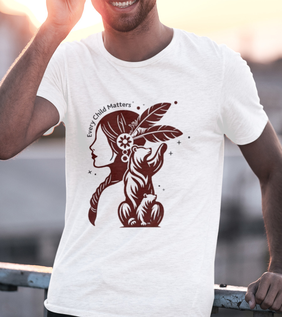 Every Child Matters Indigenous Woman Profile With Bear And Feathers T-Shirt