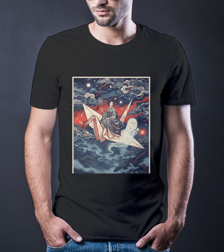 Witch And Ghost Halloween 2026 Japanese Origami Lantern Night Sky T-Shirt