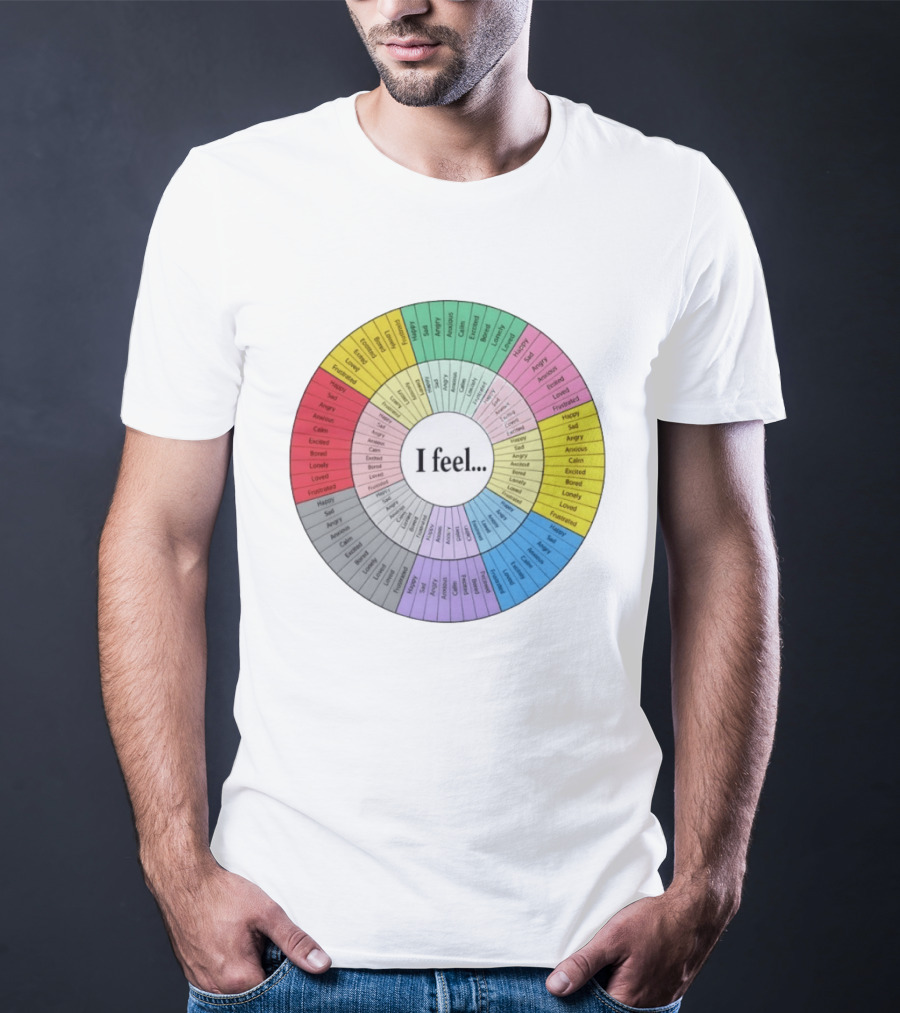 I Feel Emotion Wheel Chart Mental Health Happy Sad Angry Calm Anxious Excited Bored Loved Lonely Frustrated T-Shirt
