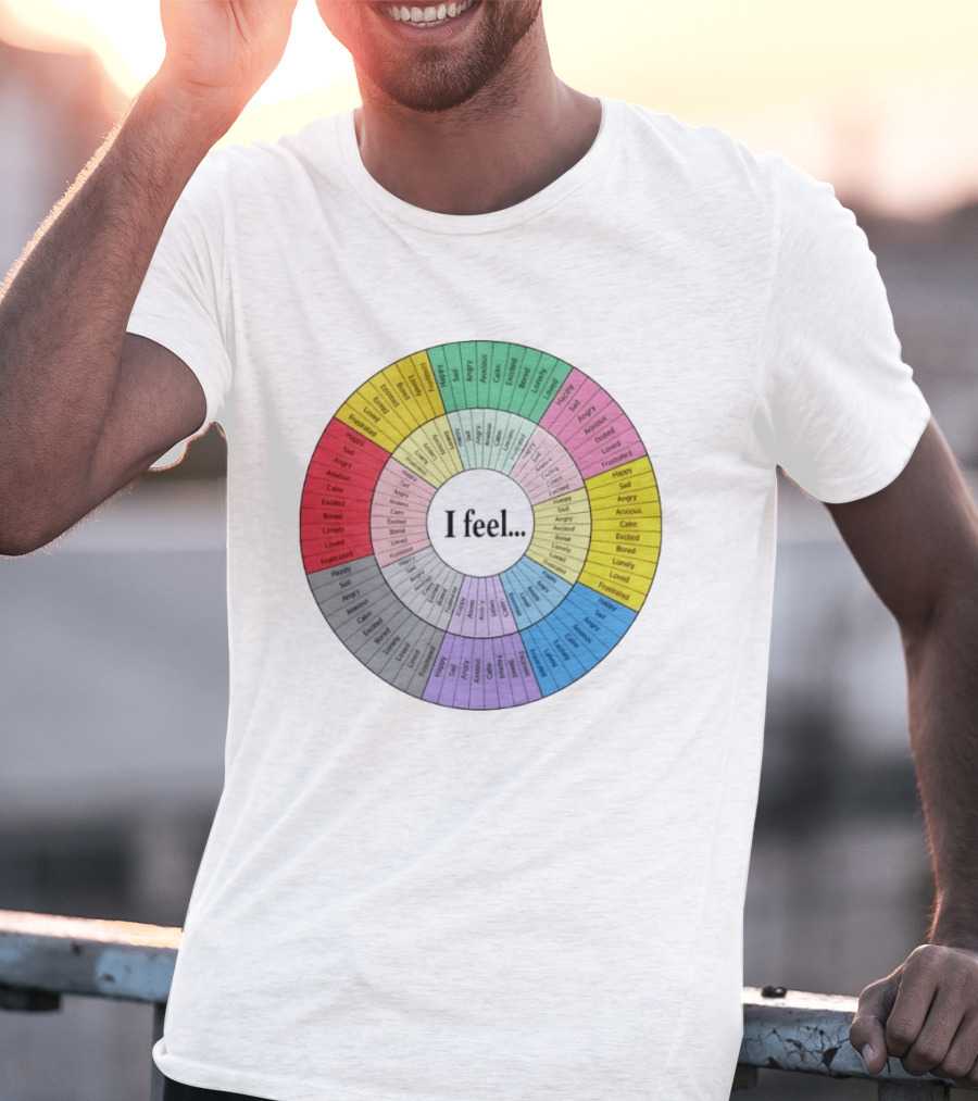 I Feel Emotion Wheel Chart Mental Health Happy Sad Angry Calm Anxious Excited Bored Loved Lonely Frustrated T-Shirt