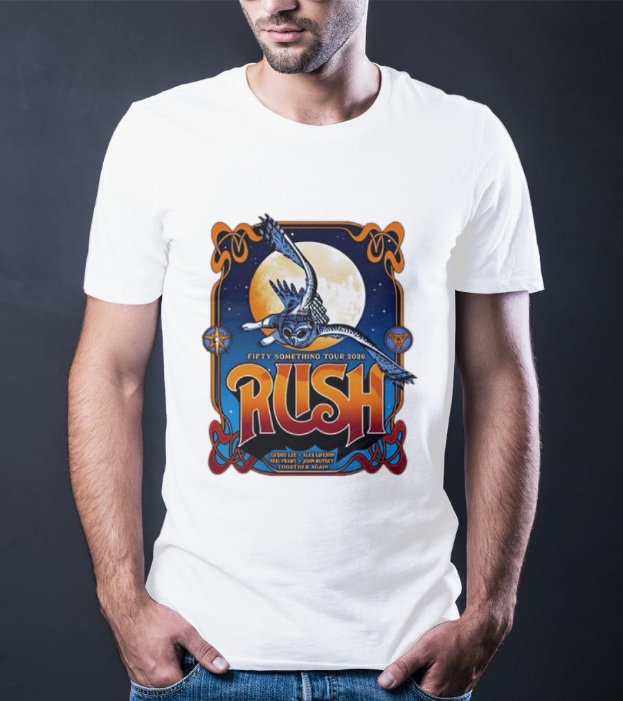 Rush Fifty Something Tour 2026 Geddy Lee Alex Lifeson Neil Peart John Rutsey Together Again Owl Moon T-Shirt
