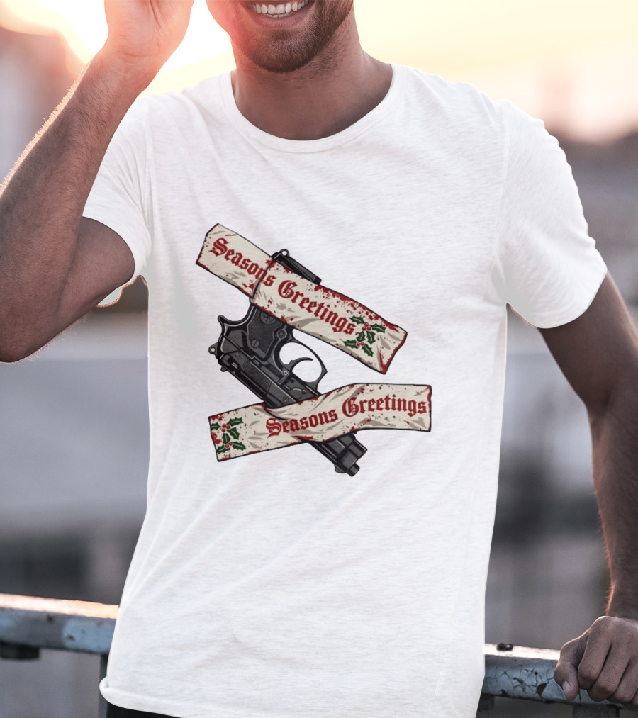 Seasons Greetings Handgun Holiday Pistol Merry Christmas T-Shirt