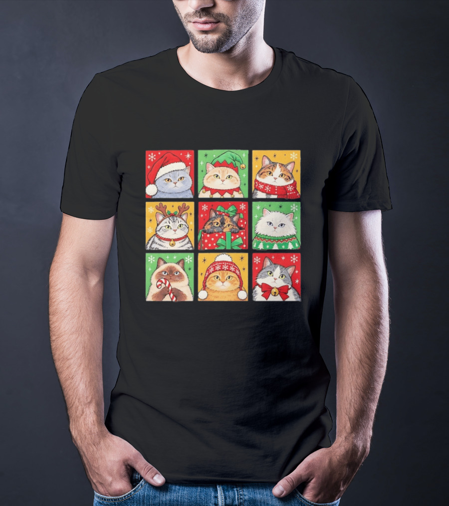 Cats In Christmas Costumes Festive Holiday Kittens Santa Hats And Gifts T-Shirt