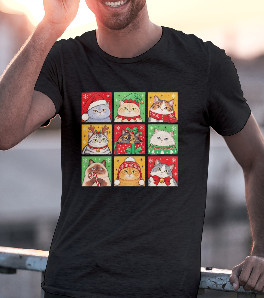 Cats In Christmas Costumes Festive Holiday Kittens Santa Hats And Gifts T-Shirt