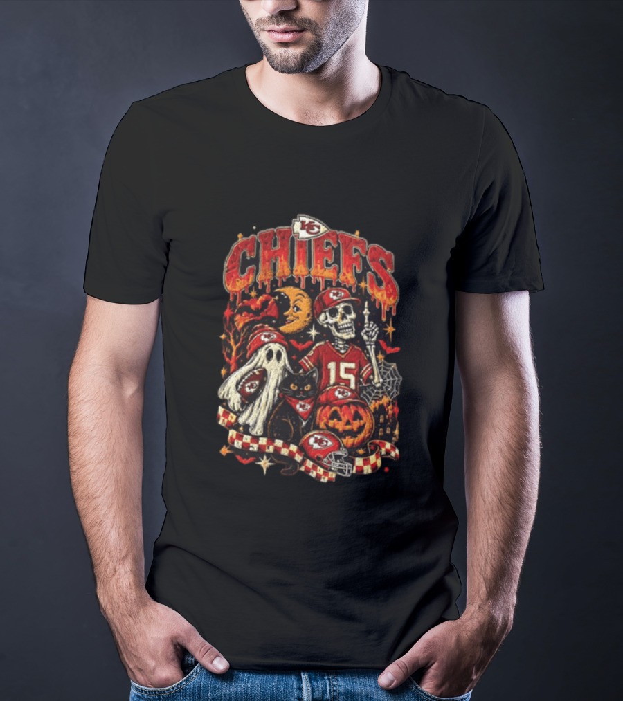 Kansas City Chiefs Patrick Mahomes Halloween Skeleton Jersey Cap Football Scene T-Shirt