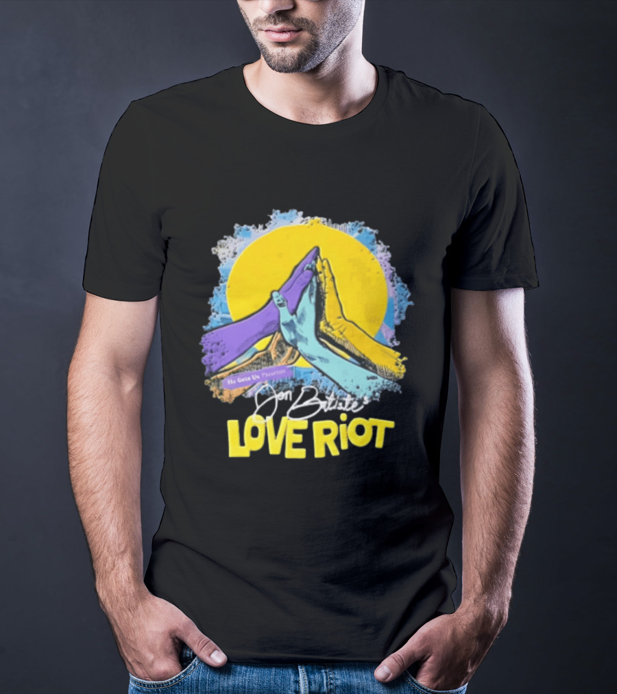 Jon Batiste He Gets Us Presents Love Riot Three Hands High Five Yellow Sun T-Shirt