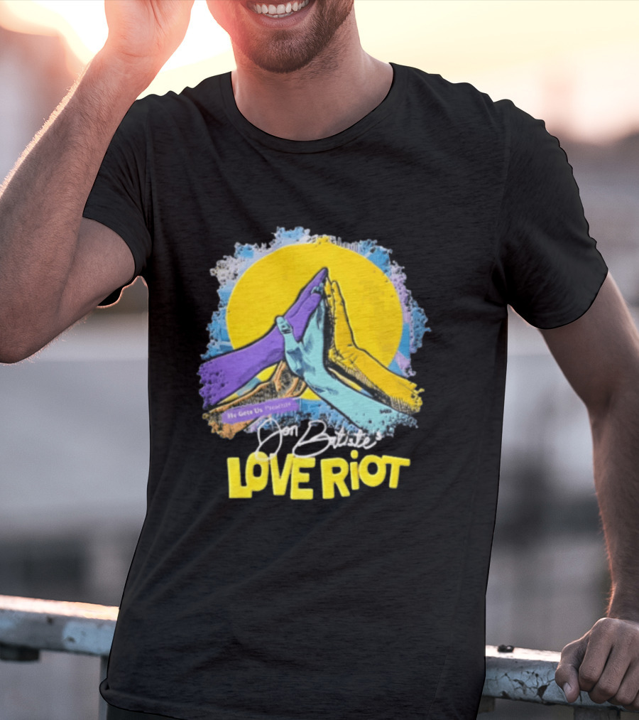 Jon Batiste He Gets Us Presents Love Riot Three Hands High Five Yellow Sun T-Shirt