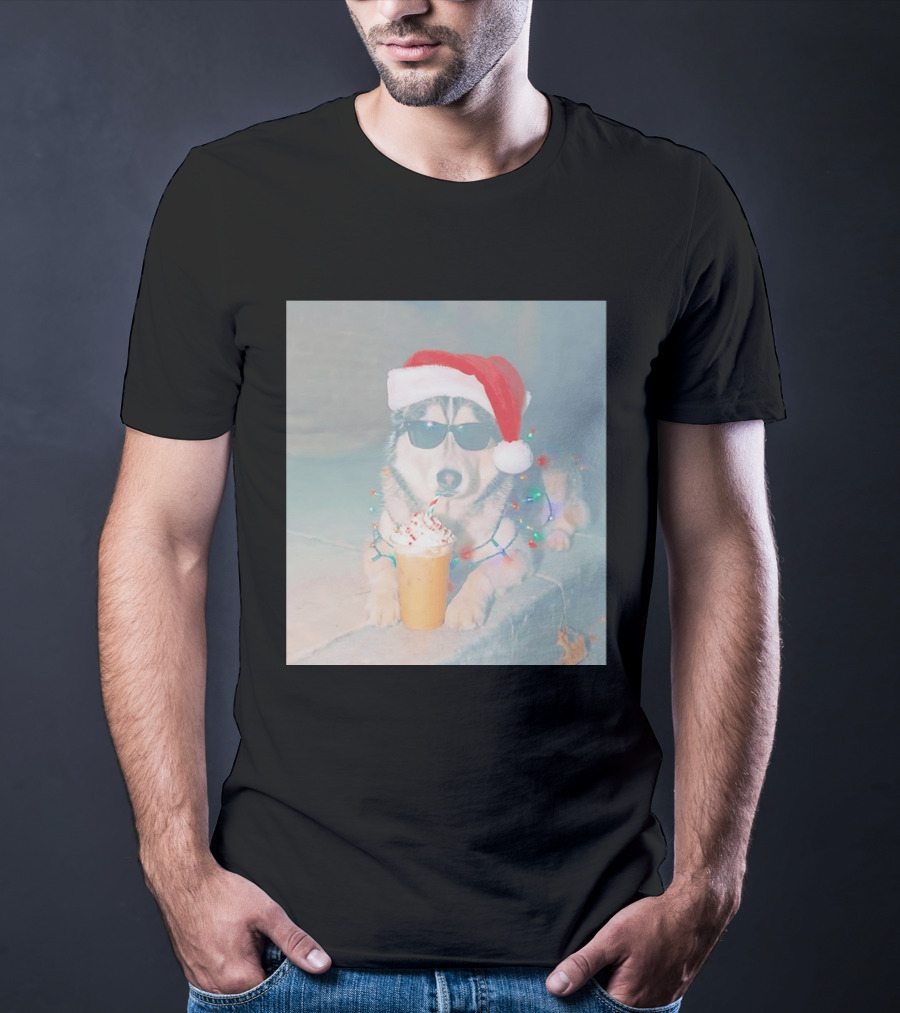 Husky Dog Santa Hat Sunglasses Christmas Lights And Holiday Drink T-Shirt