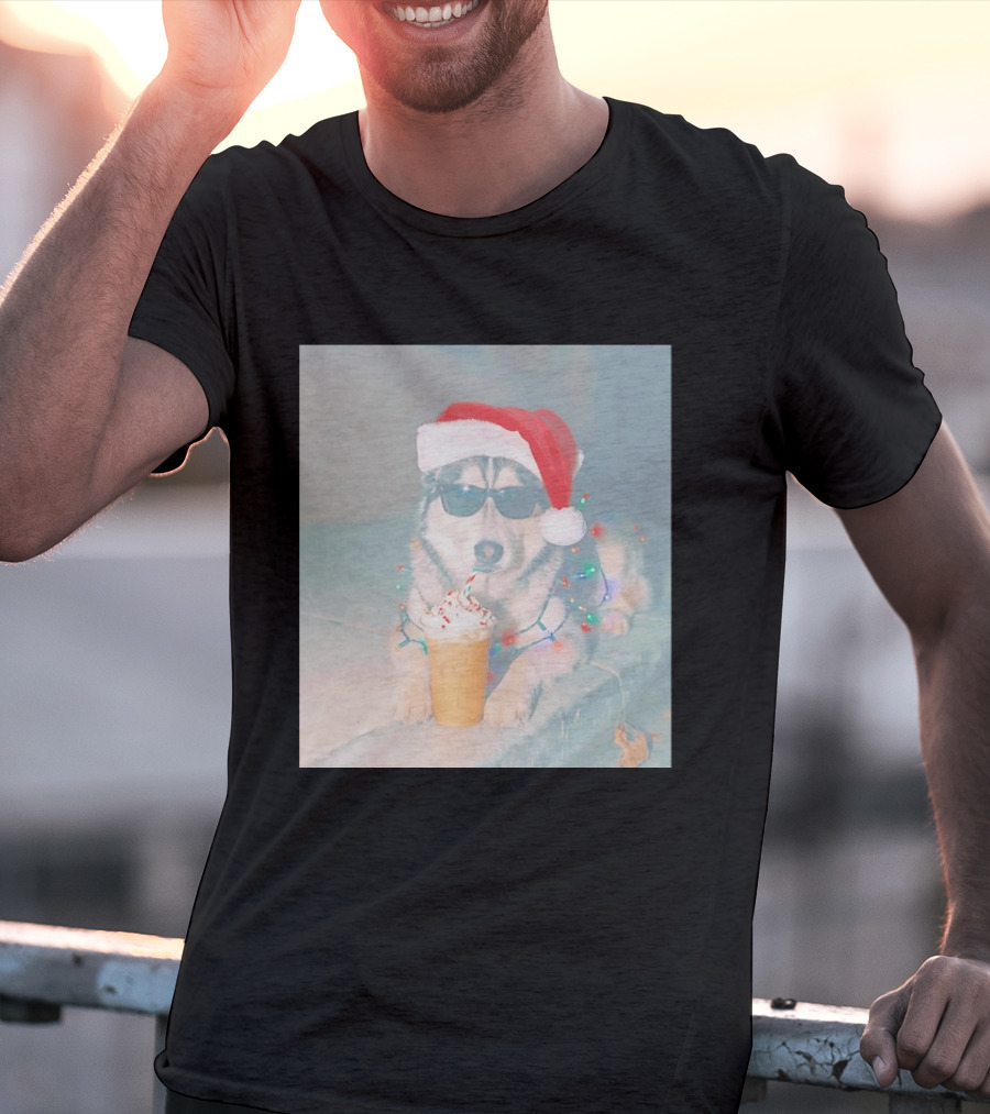 Husky Dog Santa Hat Sunglasses Christmas Lights And Holiday Drink T-Shirt