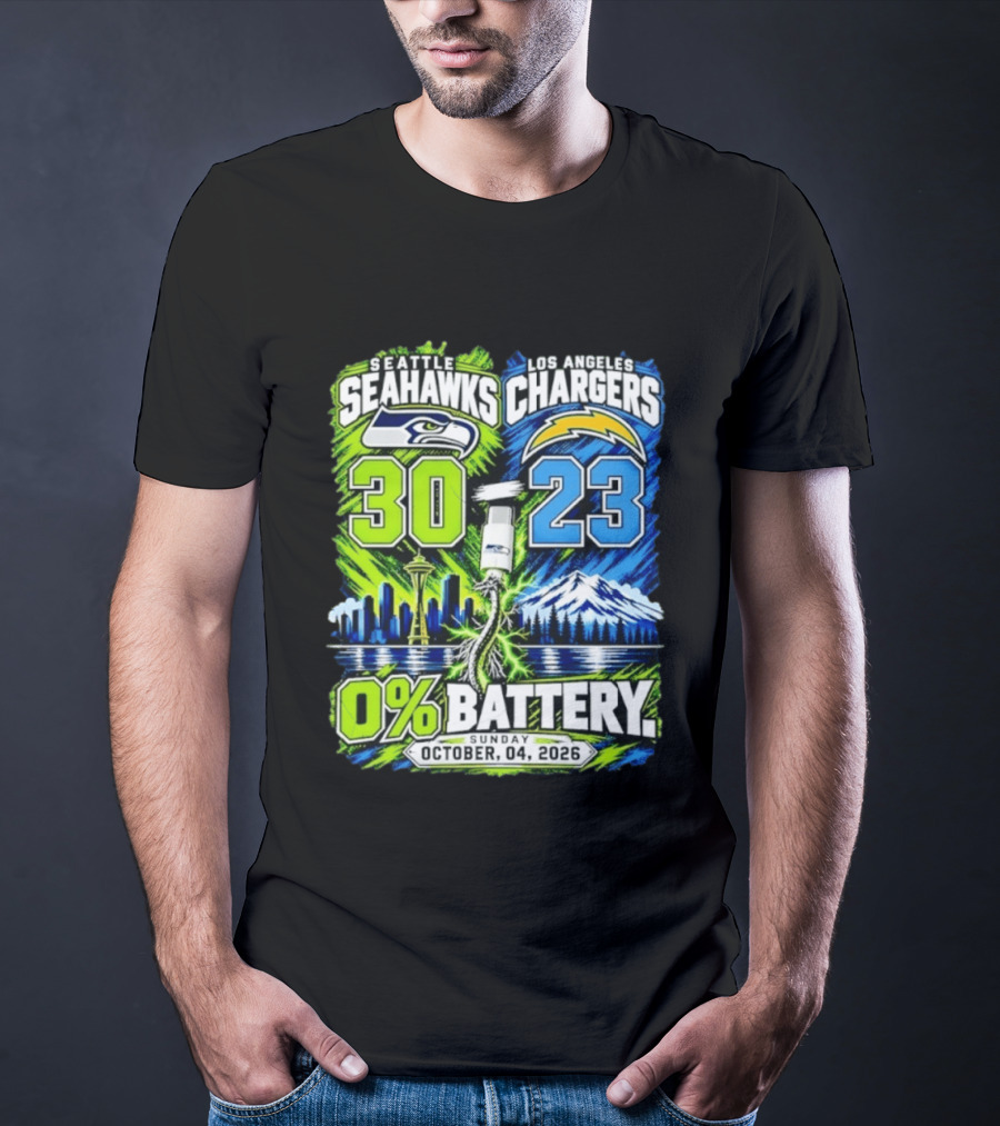 Seattle Seahawks Vs Los Angeles Chargers 30 23 Game 0% Battery October 4 2026 T-Shirt
