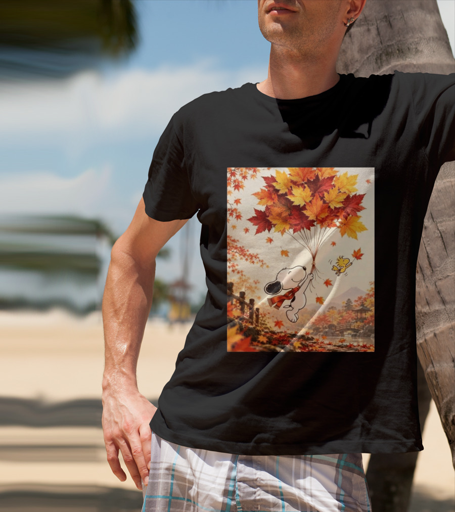 Snoopy And Woodstock Autumn Leaves Floating Scene With Tree And Bridge T-Shirt