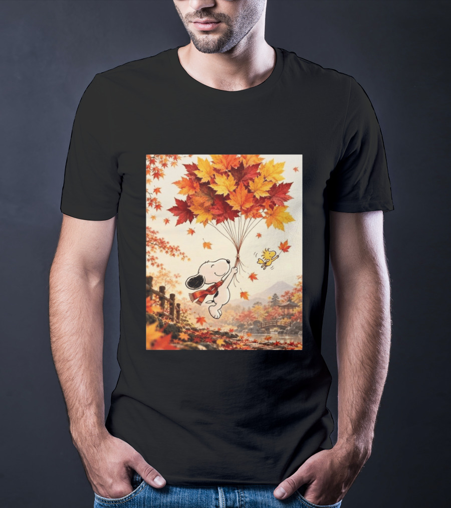 Snoopy And Woodstock Autumn Leaves Floating Scene With Tree And Bridge T-Shirt
