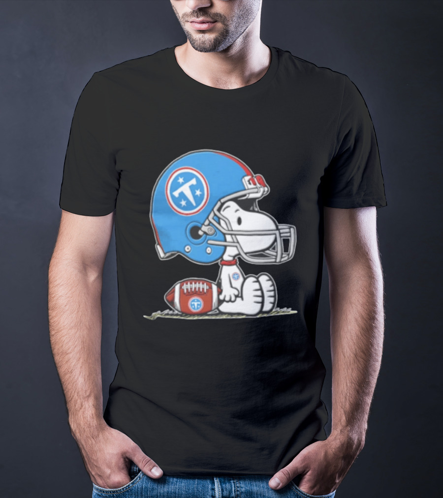 Snoopy Wearing Tennessee Titans Football Helmet Sitting With Football T-Shirt