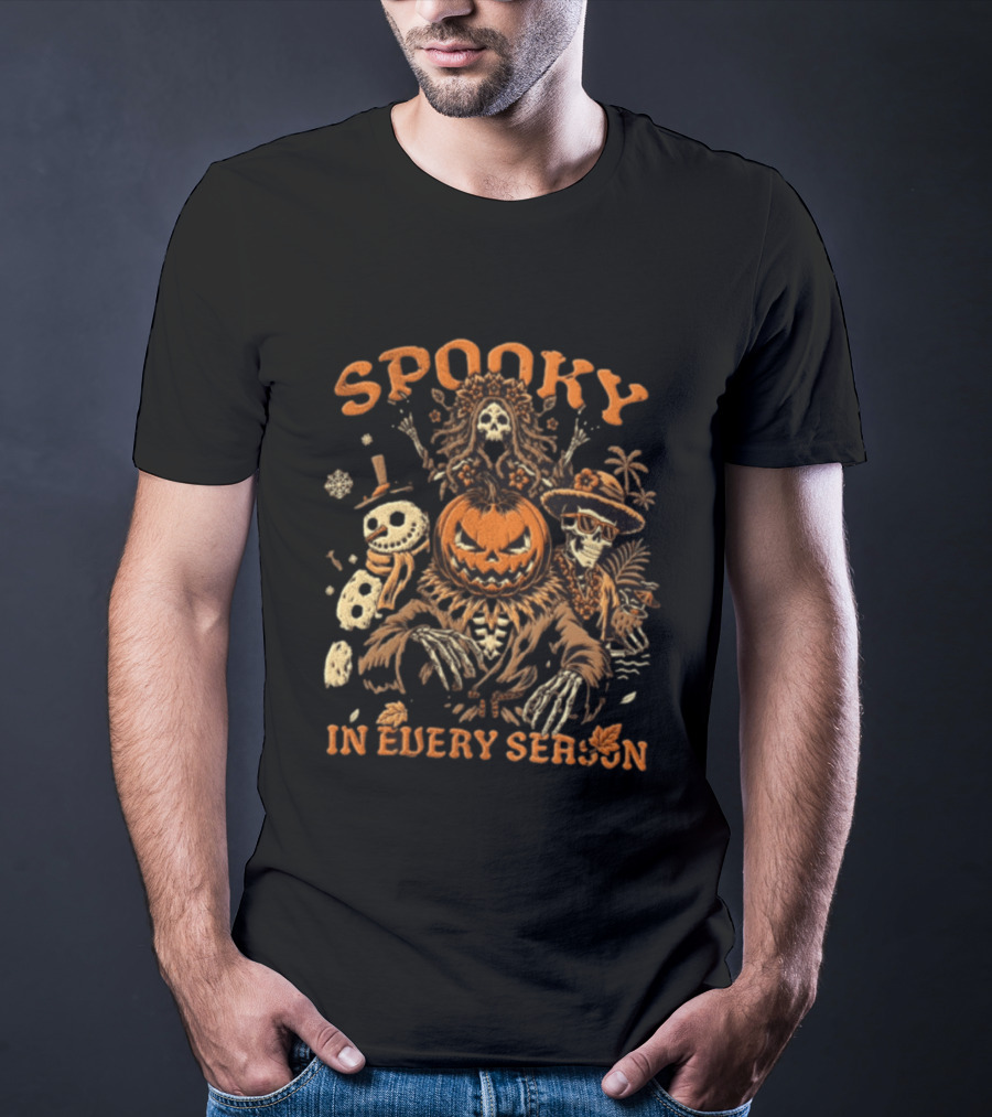 Spooky Pumpkin Head Scarecrow Skeleton Snowman In Every Season T-Shirt