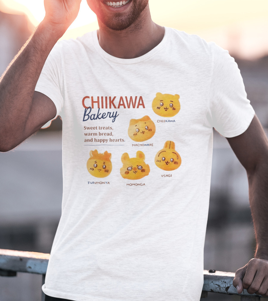 Chiikawa Bakery Sweet Treats Warm Bread Happy Hearts With Chiikawa Hachiware Furuhonya Momonga Usagi T-Shirt