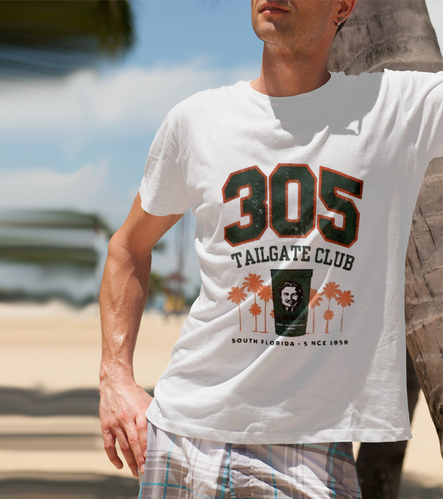 Flanigans 305 Tailgate Club South Florida Since 1959 Green Cup Palm Trees T-Shirt