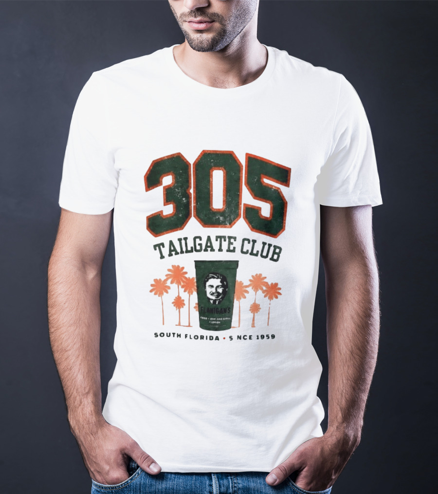 Flanigans 305 Tailgate Club South Florida Since 1959 Green Cup Palm Trees T-Shirt