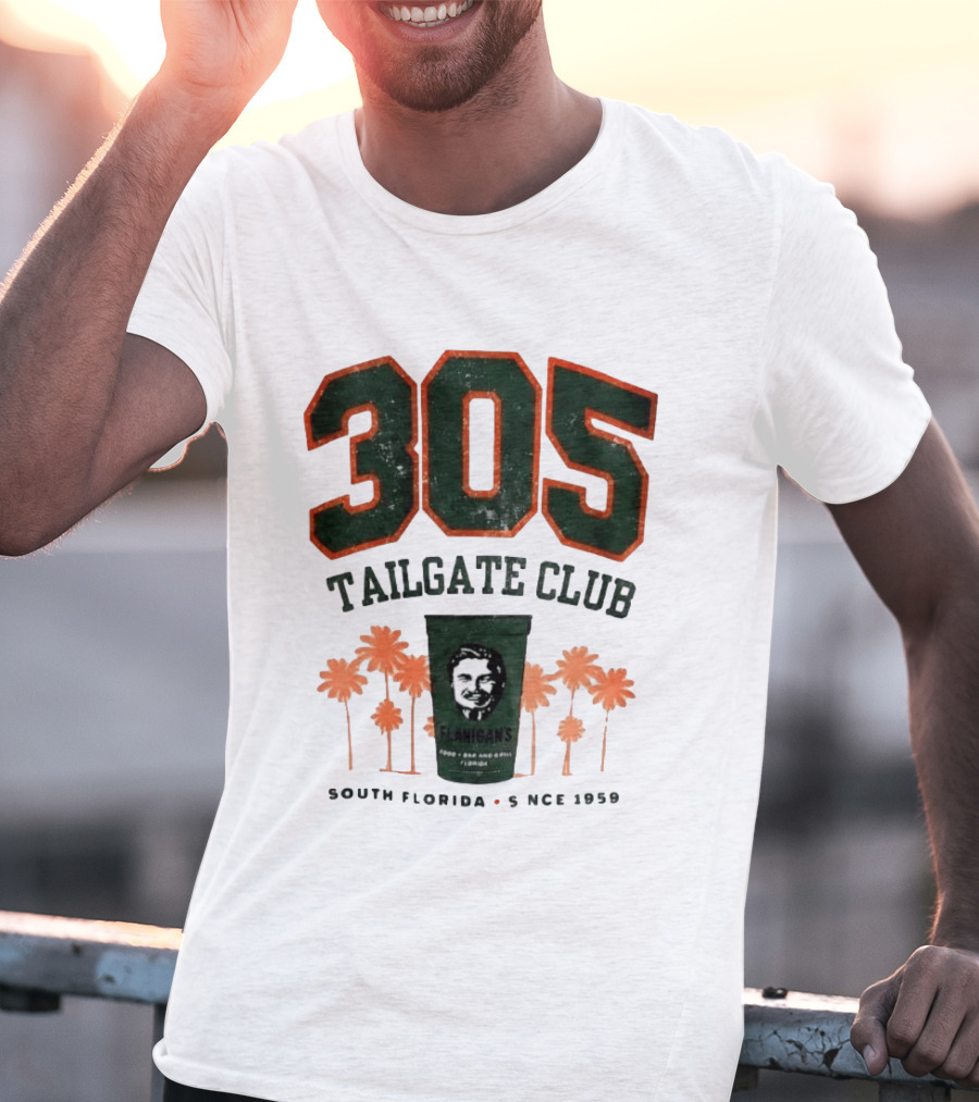 Flanigans 305 Tailgate Club South Florida Since 1959 Green Cup Palm Trees T-Shirt