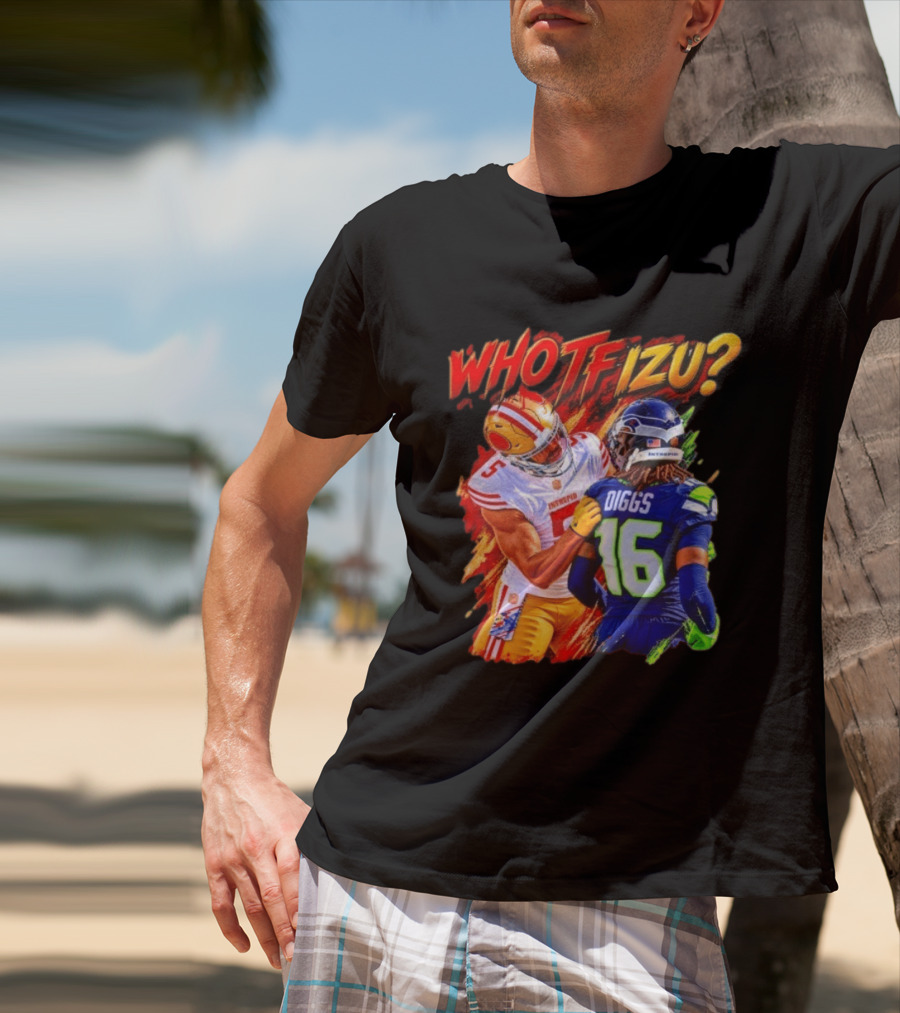 Who TF Izu Diggs 16 Intrepid Football Bootleg NFL Rivalry Red Blue 49ers Seahawks T-Shirt