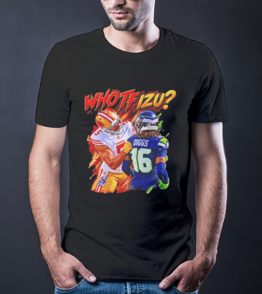 Who TF Izu Diggs 16 Intrepid Football Bootleg NFL Rivalry Red Blue 49ers Seahawks T-Shirt