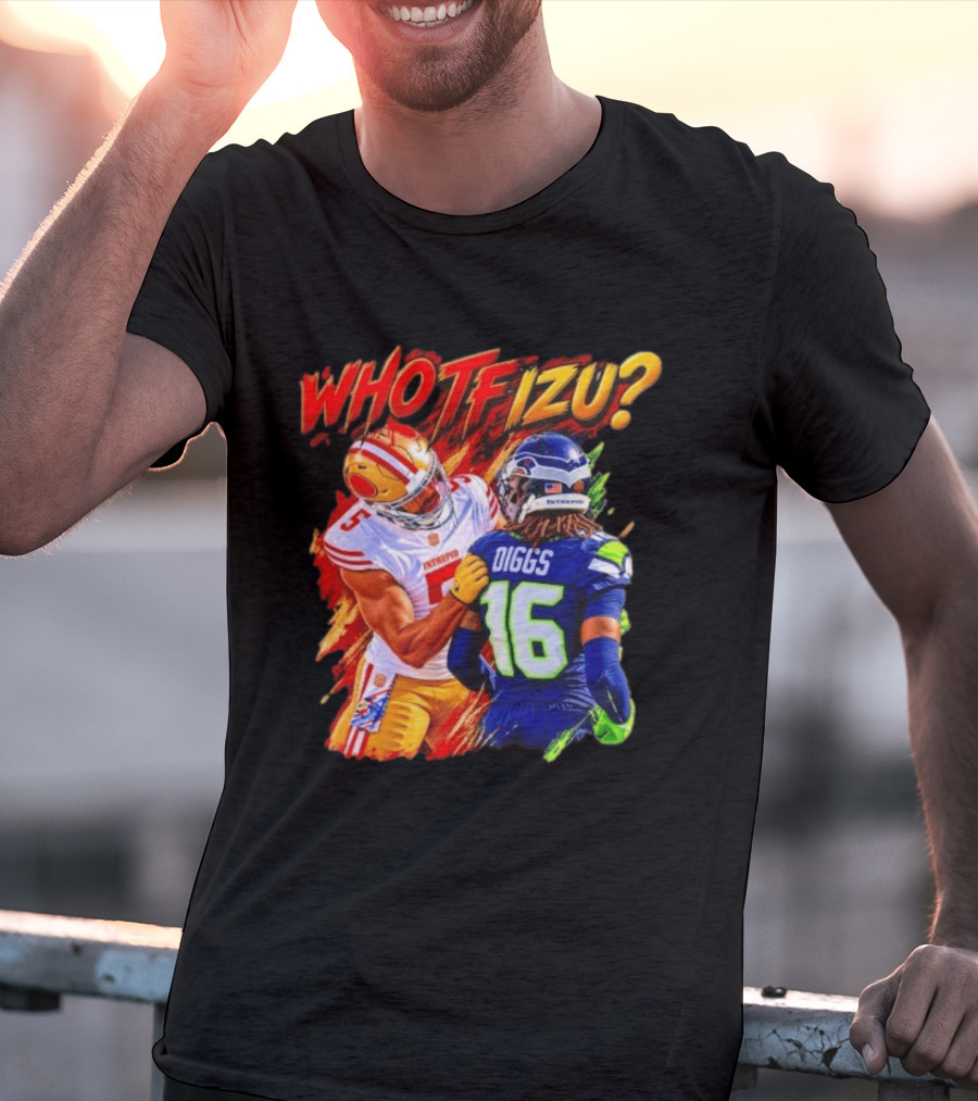 Who TF Izu Diggs 16 Intrepid Football Bootleg NFL Rivalry Red Blue 49ers Seahawks T-Shirt