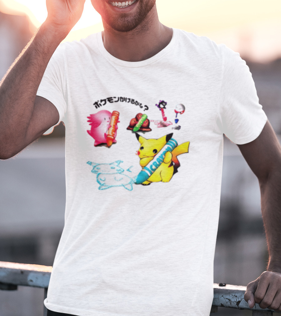 Pikachu Crayon Drawing Pokémon Characters Cartoon Art Japan T-Shirt