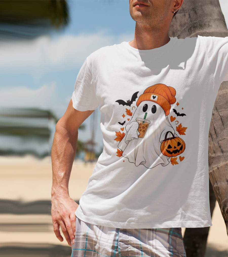 Ghost In Orange Beanie Holding Iced Coffee With Pumpkin Basket And Bat T-Shirt