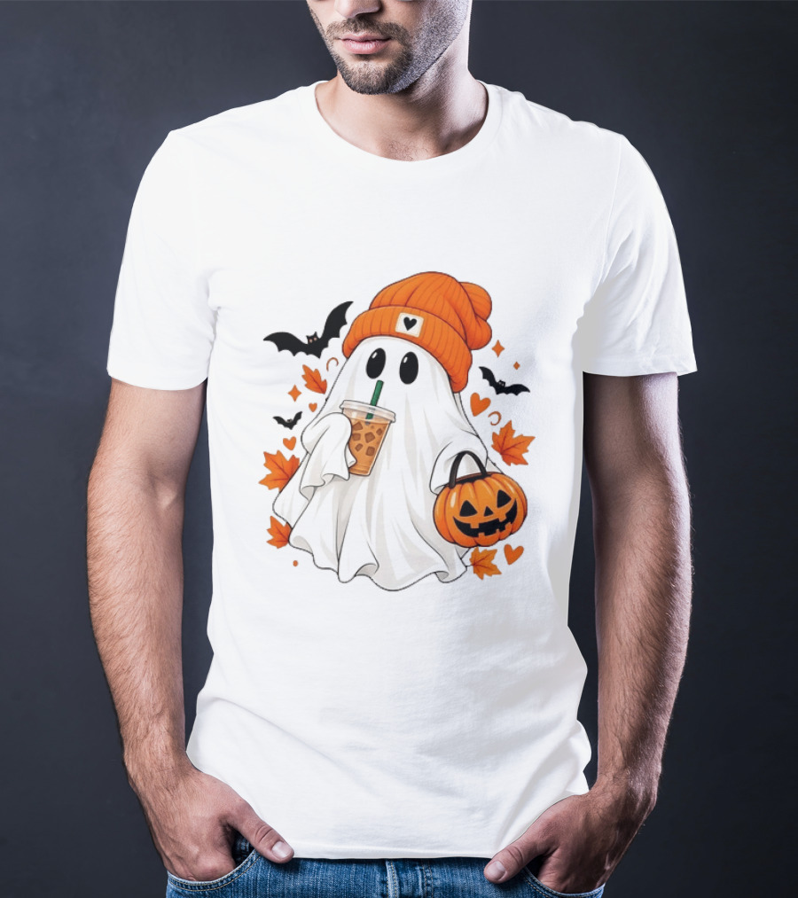 Ghost In Orange Beanie Holding Iced Coffee With Pumpkin Basket And Bat T-Shirt