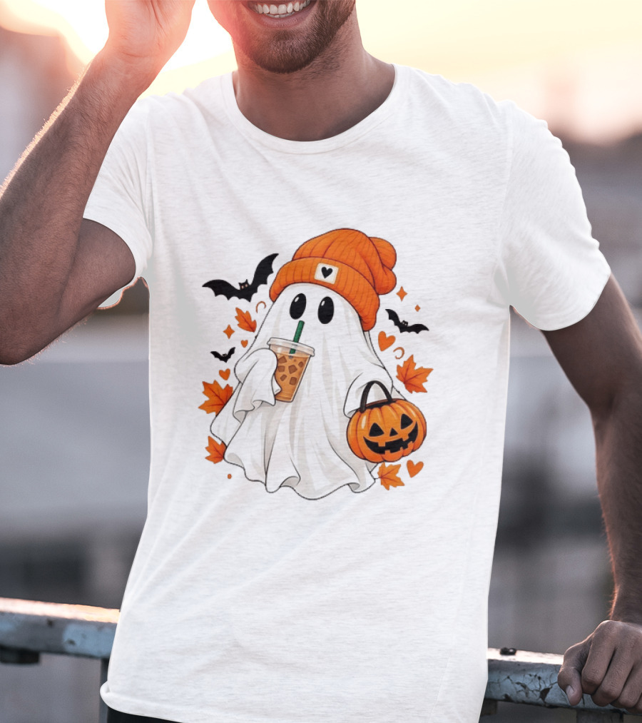 Ghost In Orange Beanie Holding Iced Coffee With Pumpkin Basket And Bat T-Shirt