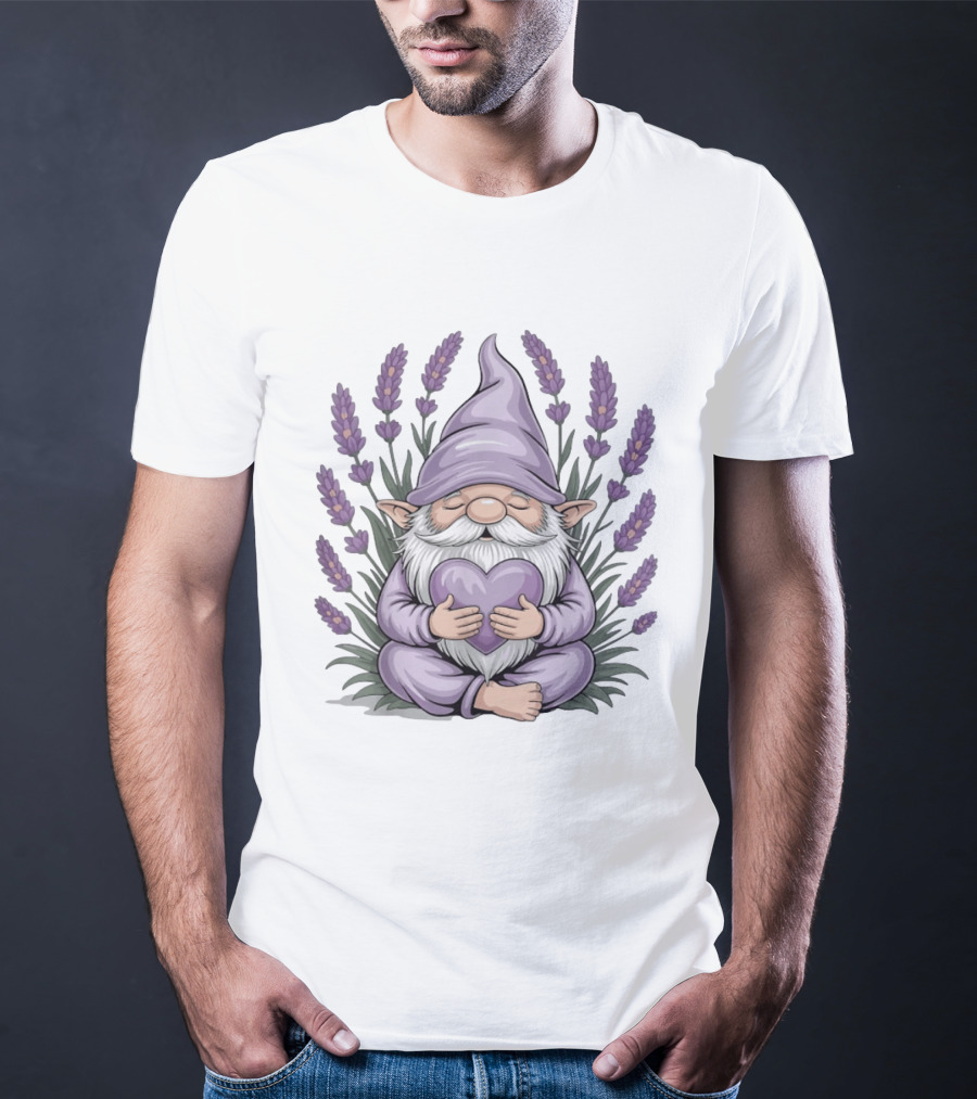 Gnome With Heart Surrounded By Lavender Flowers T-Shirt
