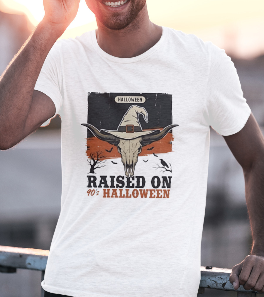 Raised On 90s Halloween Bull Skull With Witch Hat And Spooky Bats T-Shirt