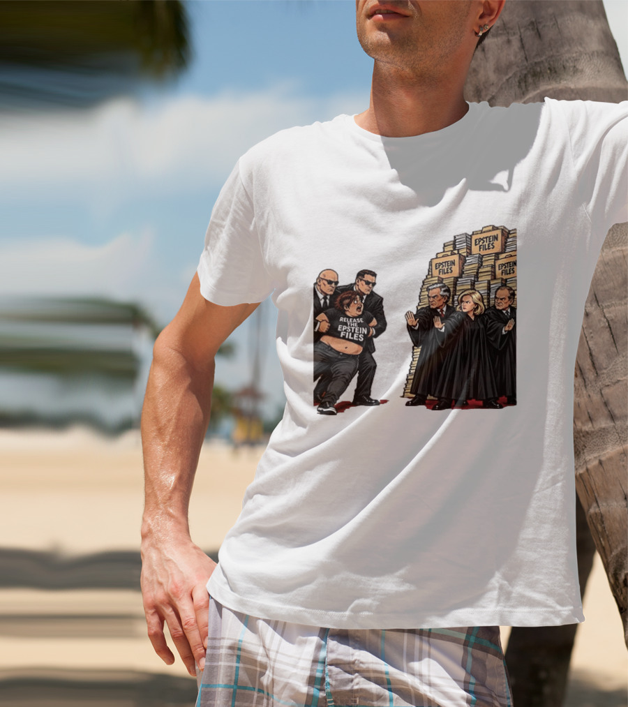 Release The Epstein Files Political Cartoon With Epstein Files Stacks And Judges T-Shirt