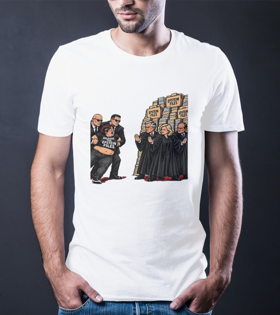 Release The Epstein Files Political Cartoon With Epstein Files Stacks And Judges T-Shirt